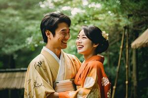 Portrait of a young couple in yukata standing together under the cherry blossom tree. photo