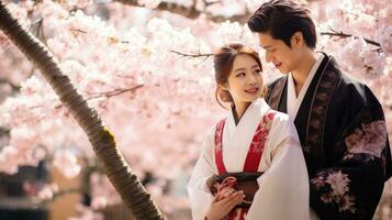 retrato de un joven Pareja en yukata en pie juntos debajo el Cereza florecer árbol. foto