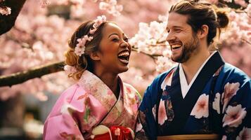 Portrait of a young couple in yukata standing together under the cherry blossom tree. photo