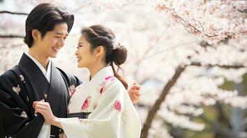 Portrait of a young couple in yukata standing together under the cherry blossom tree. photo