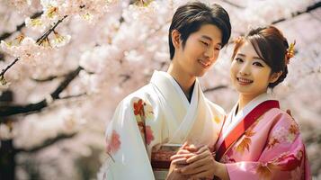 Portrait of a young couple in yukata standing together under the cherry blossom tree. photo