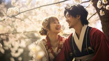 retrato de un joven Pareja en yukata en pie juntos debajo el Cereza florecer árbol. foto