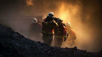 de cerca de bomberos vistiendo máscaras lucha incendios forestales como clima cambio y global calentamiento conducir fuego fatuo tendencias alrededor el mundo foto