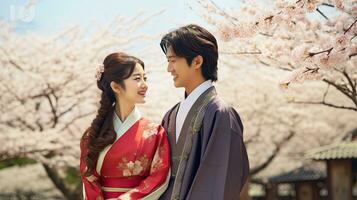 Portrait of a young couple in yukata standing together under the cherry blossom tree. photo