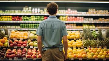 Young man shopping, putting fruit into baskets in a large modern supermarket to buy food. photo