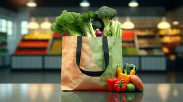 Shopping bags with fresh vegetables, eco-friendly food on a wooden table with blurred supermarket aisles in the background. photo