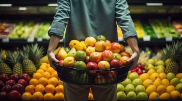 Young man shopping, putting fruit into baskets in a large modern supermarket to buy food. photo