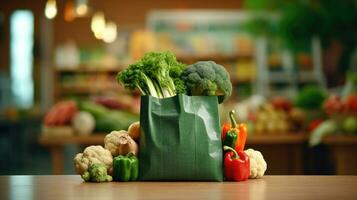 Shopping bags with fresh vegetables, eco-friendly food on a wooden table with blurred supermarket aisles in the background. photo