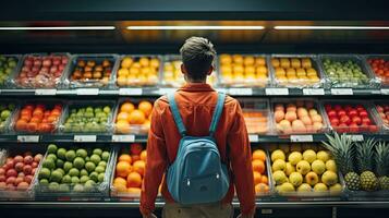 Young man shopping, putting fruit into baskets in a large modern supermarket to buy food. photo