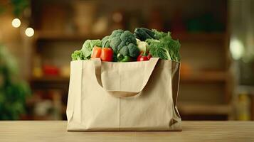 Shopping bags with fresh vegetables, eco-friendly food on a wooden table with blurred supermarket aisles in the background. photo