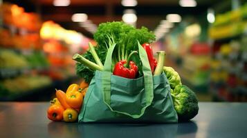 Shopping bags with fresh vegetables, eco-friendly food on a wooden table with blurred supermarket aisles in the background. photo