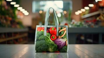 Shopping bags with fresh vegetables, eco-friendly food on a wooden table with blurred supermarket aisles in the background. photo