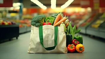 Shopping bags with fresh vegetables, eco-friendly food on a wooden table with blurred supermarket aisles in the background. photo