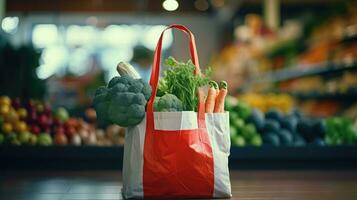 compras pantalones con Fresco verduras, Respetuoso del medio ambiente comida en un de madera mesa con borroso supermercado pasillos en el antecedentes. foto