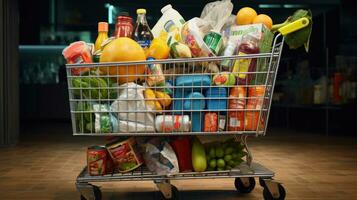 Shopping cart full of food and drinks and supermarket shelves behind grocery shopping concept. photo