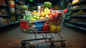 Shopping cart full of food and drinks and supermarket shelves behind grocery shopping concept. photo