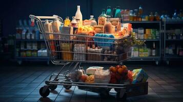 Shopping cart full of food and drinks and supermarket shelves behind grocery shopping concept. photo