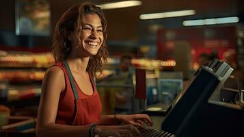 Beautiful smiling cashier working at grocery store,cashier photo