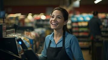 hermosa sonriente cajero trabajando a tienda de comestibles tienda, cajero foto