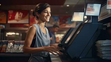 Beautiful smiling cashier working at grocery store,cashier photo