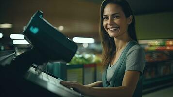 Beautiful smiling cashier working at grocery store,cashier photo