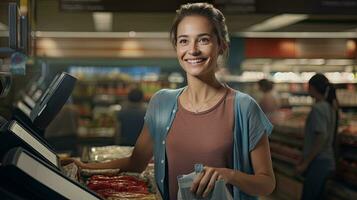 Beautiful smiling cashier working at grocery store,cashier photo