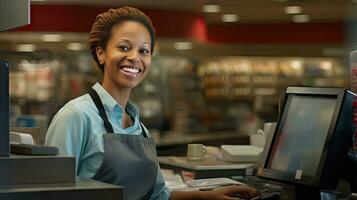 Beautiful smiling cashier working at grocery store,cashier photo