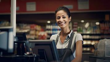 Beautiful smiling cashier working at grocery store,cashier photo