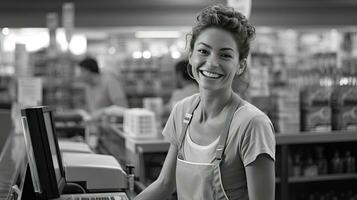 hermosa sonriente cajero trabajando a tienda de comestibles tienda, cajero foto