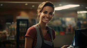 Beautiful smiling cashier working at grocery store,cashier photo