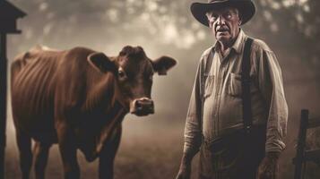 Mature male farmer smiles proudly into camera at his work on a rural farm with cows. photo