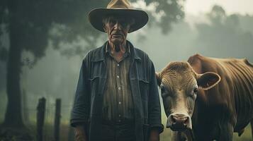 Mature male farmer smiles proudly into camera at his work on a rural farm with cows. photo