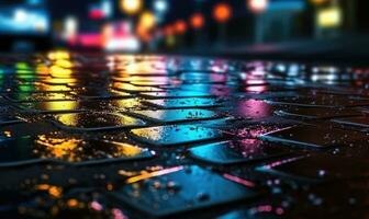 Night wet road made of paving stones. Road, light, rain. background. For banner, postcard, book illustration. Created with generative AI tools photo