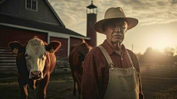 Mature male farmer smiles proudly into camera at his work on a rural farm with cows. photo