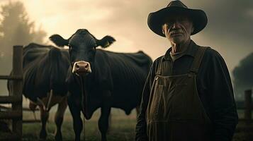 maduro masculino granjero sonrisas con orgullo dentro cámara a su trabajo en un rural granja con vacas foto