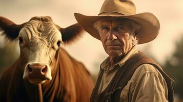 Mature male farmer smiles proudly into camera at his work on a rural farm with cows. photo