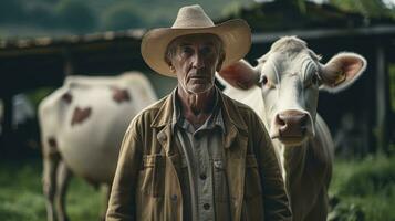 Mature male farmer smiles proudly into camera at his work on a rural farm with cows. photo