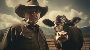 Mature male farmer smiles proudly into camera at his work on a rural farm with cows. photo