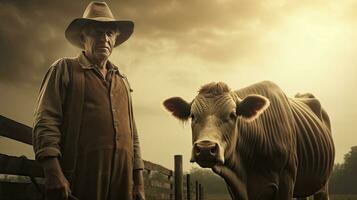 Mature male farmer smiles proudly into camera at his work on a rural farm with cows. photo