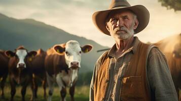 Mature male farmer smiles proudly into camera at his work on a rural farm with cows. photo