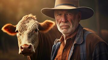 Mature male farmer smiles proudly into camera at his work on a rural farm with cows. photo