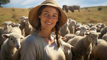 hermosa joven mujer en sombrero en pie contento sonriente en oveja granja en hermosa campo naturaleza, hembra trabajador en oveja granja foto