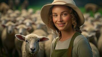 hermosa joven mujer en sombrero en pie contento sonriente en oveja granja en hermosa campo naturaleza, hembra trabajador en oveja granja foto