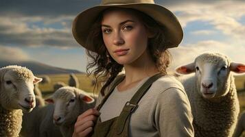 hermosa joven mujer en sombrero en pie contento sonriente en oveja granja en hermosa campo naturaleza, hembra trabajador en oveja granja foto