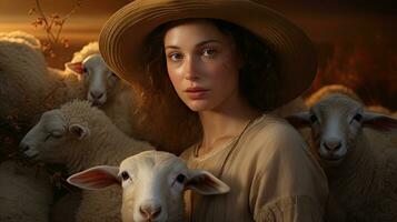 Beautiful young woman in hat standing happy smiling on sheep farm in beautiful countryside nature, female worker in sheep farm photo