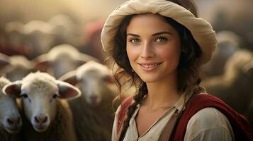 hermosa joven mujer en sombrero en pie contento sonriente en oveja granja en hermosa campo naturaleza, hembra trabajador en oveja granja foto