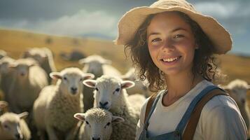 hermosa joven mujer en sombrero en pie contento sonriente en oveja granja en hermosa campo naturaleza, hembra trabajador en oveja granja foto