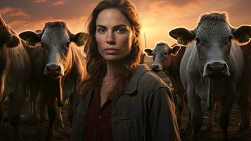 Happy female farmer standing with cows at the cattle farm.Female farmer raising cows photo