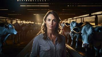 Happy female farmer standing with cows at the cattle farm.Female farmer raising cows photo