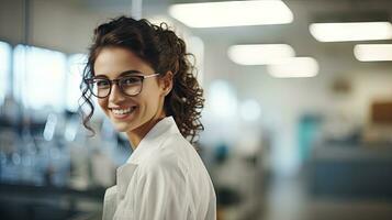 Beautiful woman, businessman Happy person wearing glasses and looking at camera Closeup of smiling woman's face successful woman photo